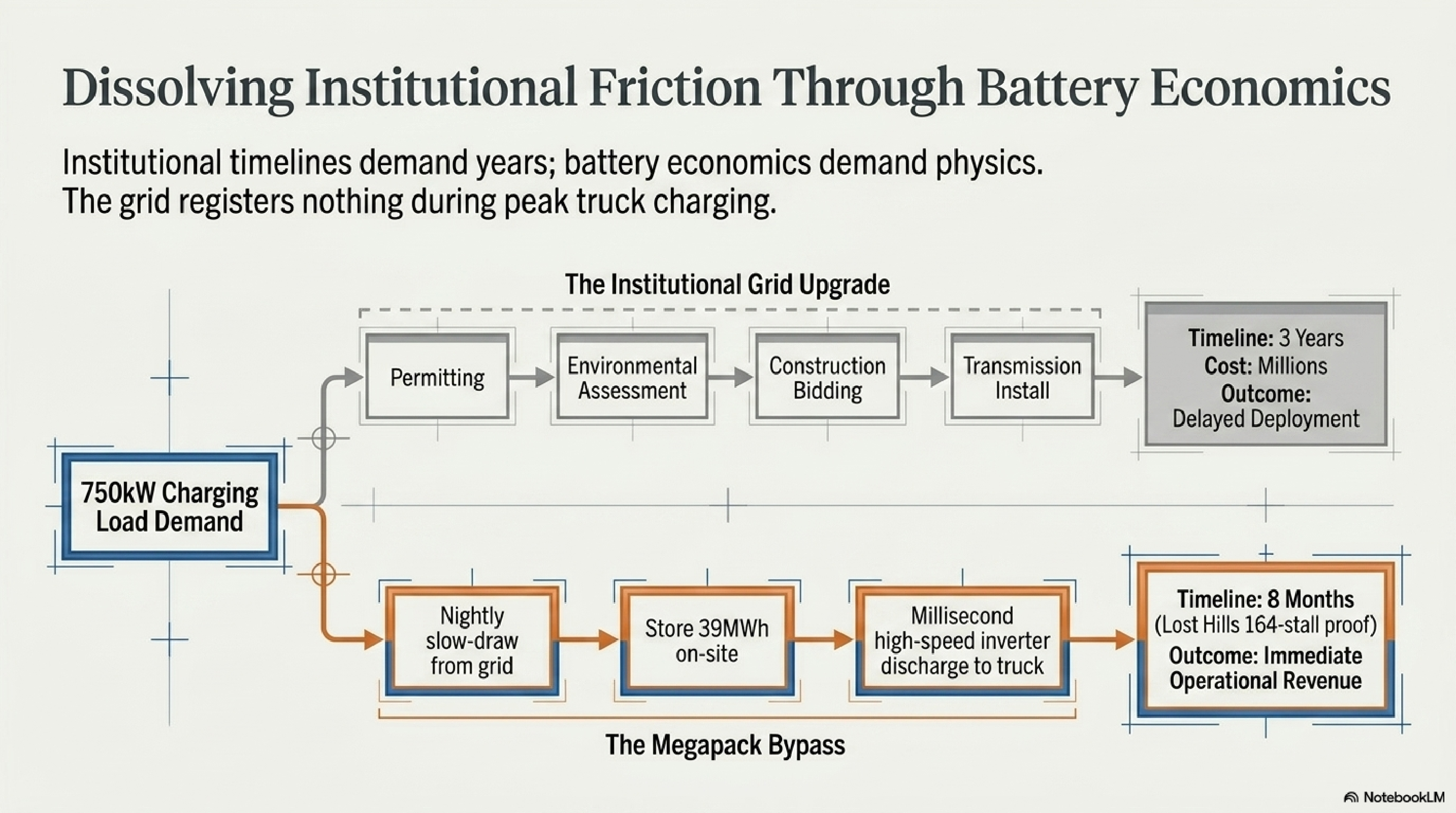 Dissolving Institutional Friction Through Battery Economics — the Megapack bypass route vs. the multi-year institutional grid upgrade path