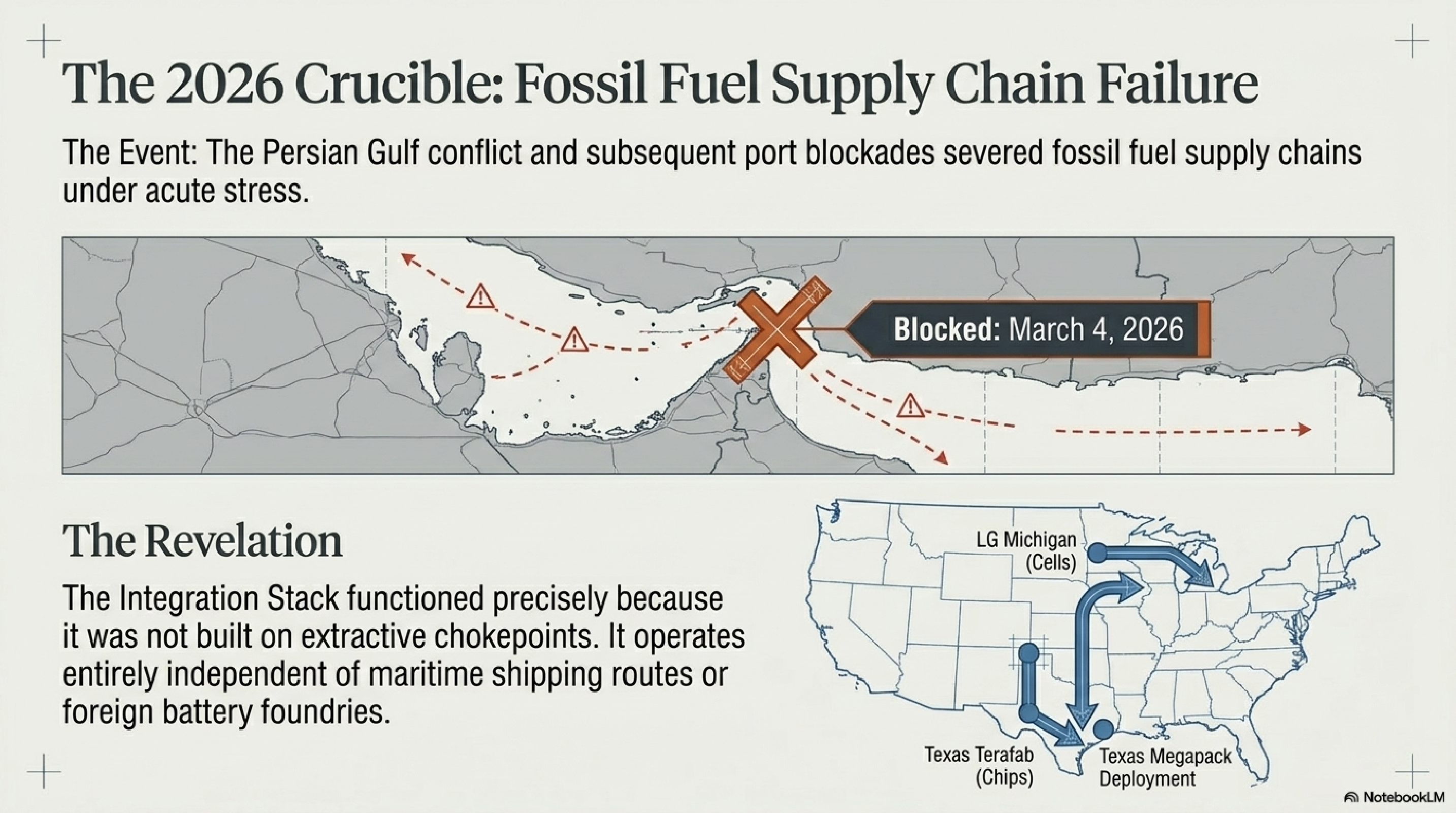 The 2026 Crucible: Fossil Fuel Supply Chain Failure — map showing Persian Gulf and Strait of Hormuz blocked March 4 2026, and domestic US supply chain: LG Michigan cells, Texas Terafab chips, Texas Megapack deployment. The Integration Stack operated independently of the blocked maritime routes.