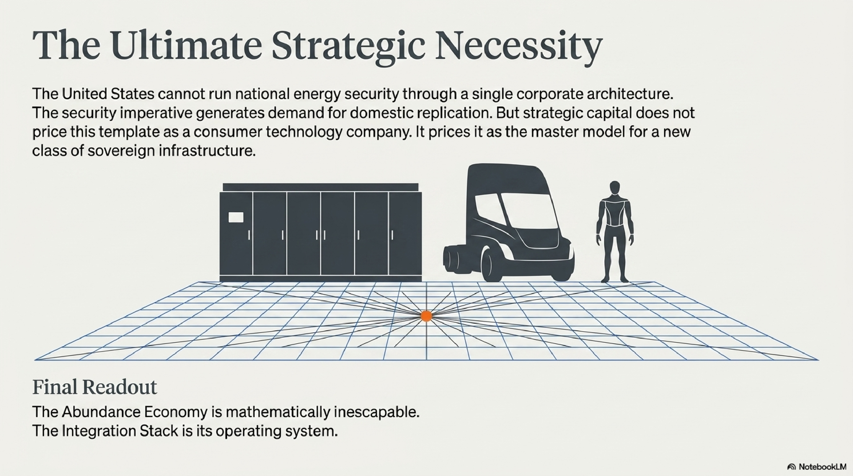 The Ultimate Strategic Necessity — Megapack, Tesla Semi, and Optimus robot standing on a grid plane. Final Readout: The Abundance Economy is mathematically inescapable. The Integration Stack is its operating system.